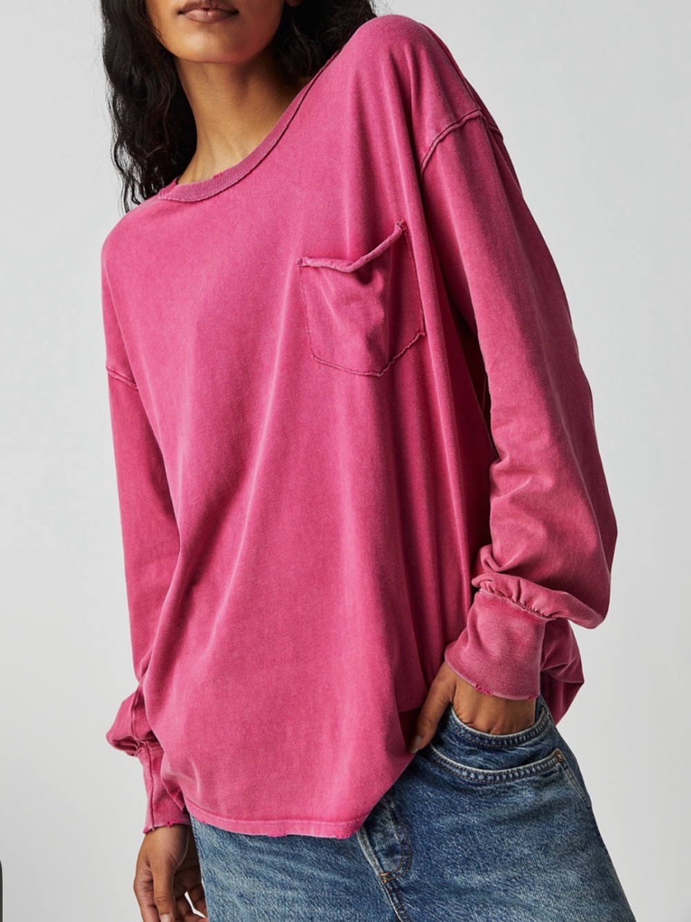 We The Free Pink Distressed Oversized Long Sleeve Pocket Tee Top SzM